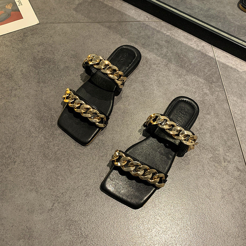 Elegant Chain Strap Slip-On Sandals Slides