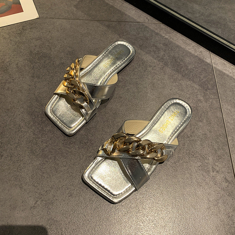 Elegant Chain Strap Slip-On Sandals Slides