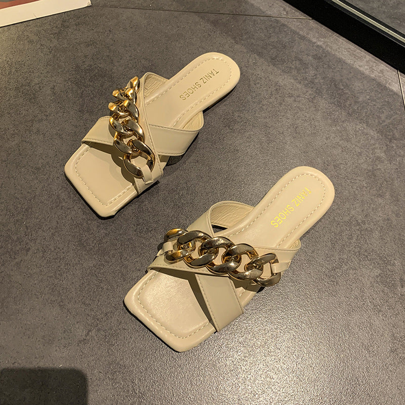 Elegant Chain Strap Slip-On Sandals Slides
