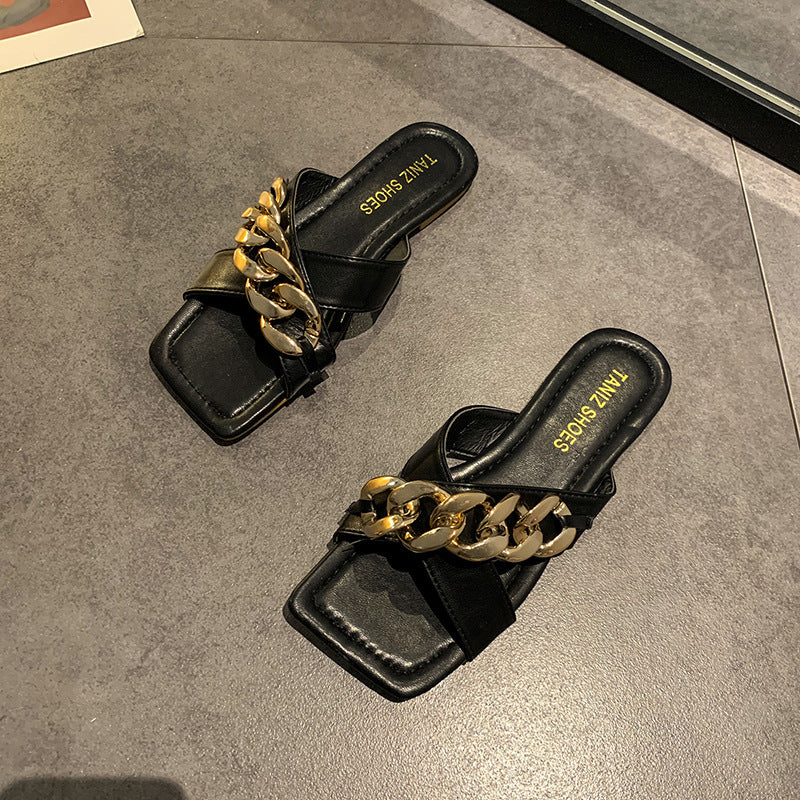 Elegant Chain Strap Slip-On Sandals Slides